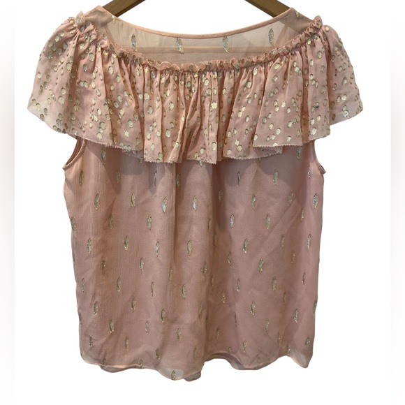 Rebecca Taylor Powder Pink and Gold Metallic Silk Flutter Sleeve Blouse Size 6 - Picture 7 of 10